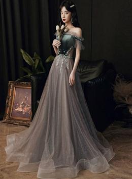 Picture of Pretty Tulle and Velvet Off Shoulder Long Prom Dresses, A-line Long Wedding Party Dress